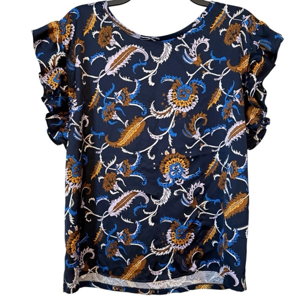 🌺ANN TAYLOR NAVY FLORAL RUFFLE SLEEVE BLOUSE